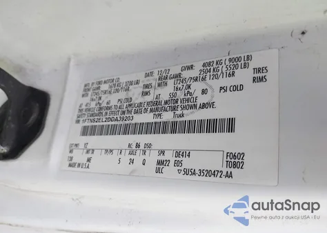 2013 Ford E-250 Commercial z USA, uszkodzony, nr VIN 1FTNS2EL2DDA39203